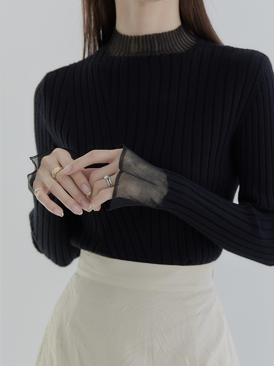 【完売品】tulle cuffs rib knit / black / amel